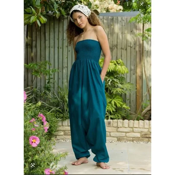 LikeMary Harem Jumpsuit Pants XL 1XL Boho Festival Yoga Cotton Pockets Teal BNWT - Picture 2 of 15